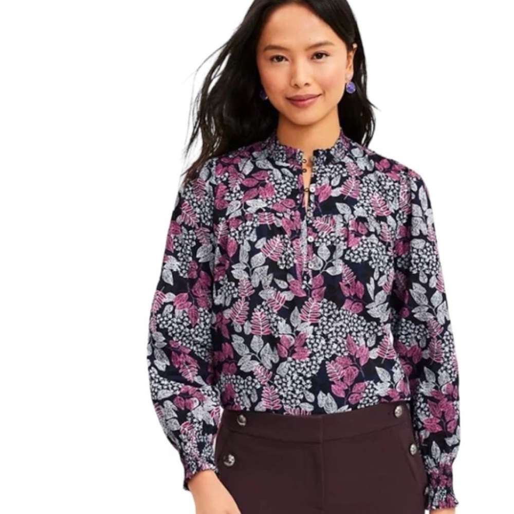 New LOFT Petite Leafed Smocked Button Blouse